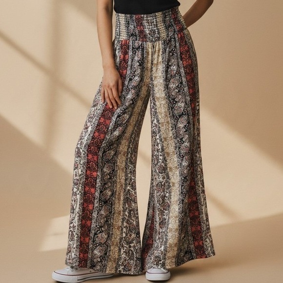 Unbranded Pants - Boho Paisley Floral Wide Leg Palazzo Pants Smocked High Waist Rust Cream Black